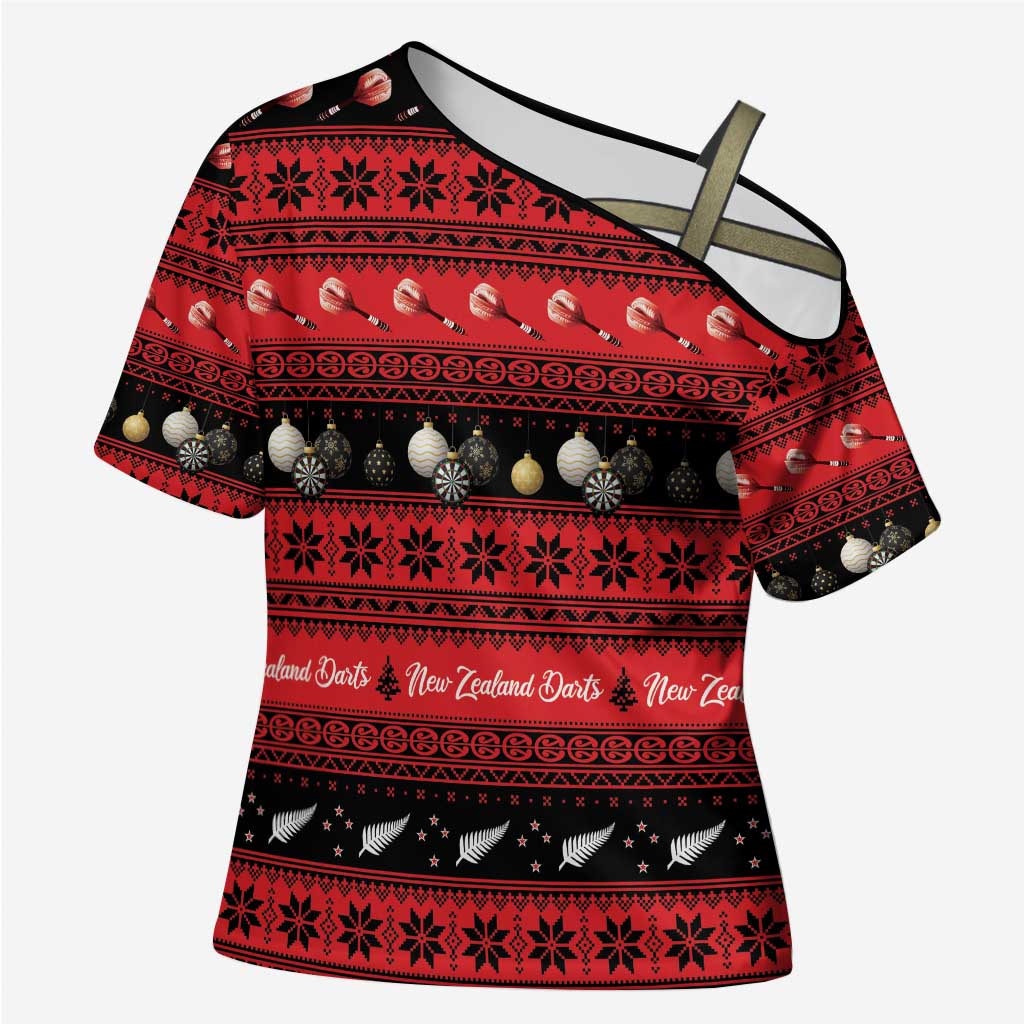 New Zealand Darts Christmas Cross Shoulder Shirt Merry Xmas Aotearoa Maori Red LT14 Female Red - Polynesian Pride