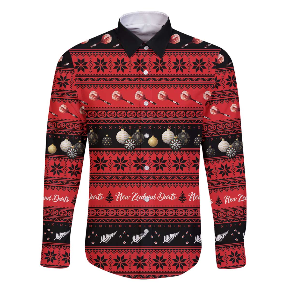 New Zealand Darts Christmas Family Matching Off The Shoulder Long Sleeve Dress and Hawaiian Shirt Merry Xmas Aotearoa Maori Red LT14 Dad's Shirt - Long Sleeve Red - Polynesian Pride