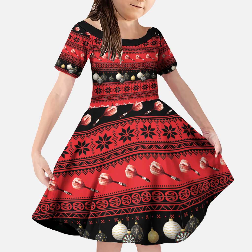 New Zealand Darts Christmas Family Matching Off Shoulder Maxi Dress and Hawaiian Shirt Merry Xmas Aotearoa Maori Red LT14 Daughter's Dress Red - Polynesian Pride