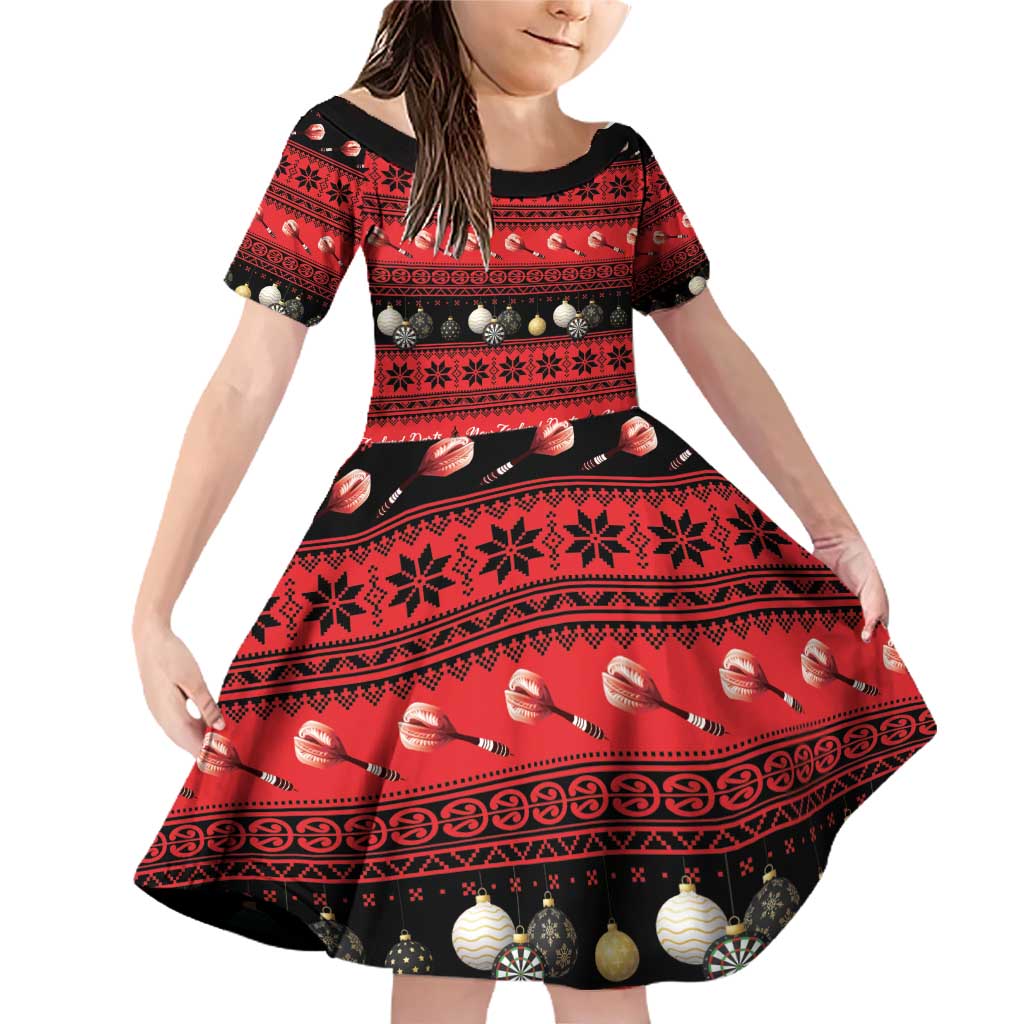 New Zealand Darts Christmas Family Matching Off Shoulder Short Dress and Hawaiian Shirt Merry Xmas Aotearoa Maori Red LT14 Daughter's Dress Red - Polynesian Pride