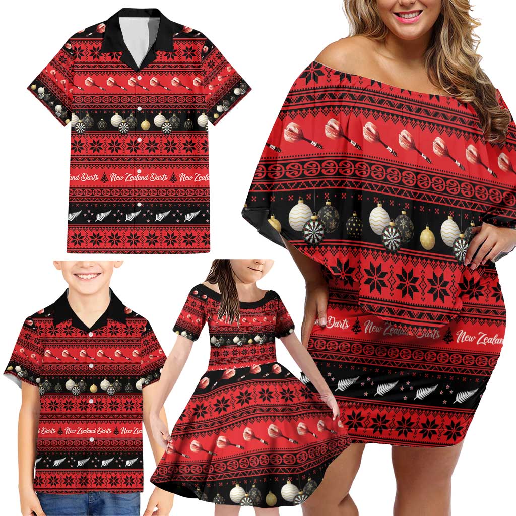 New Zealand Darts Christmas Family Matching Off Shoulder Short Dress and Hawaiian Shirt Merry Xmas Aotearoa Maori Red LT14 - Polynesian Pride