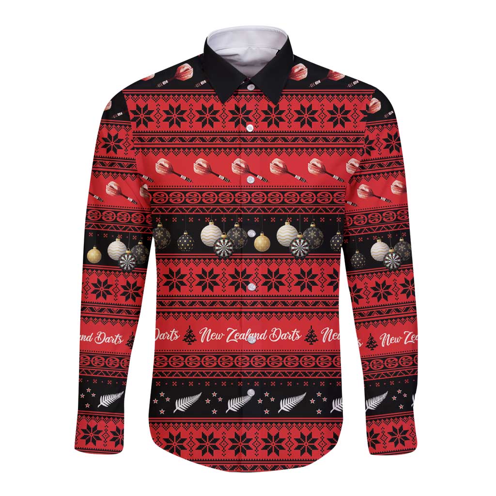New Zealand Darts Christmas Long Sleeve Button Shirt Merry Xmas Aotearoa Maori Red LT14 Unisex Red - Polynesian Pride