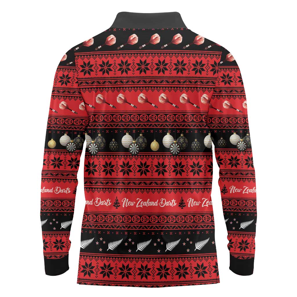New Zealand Darts Christmas Long Sleeve Polo Shirt Merry Xmas Aotearoa Maori Red LT14 - Polynesian Pride