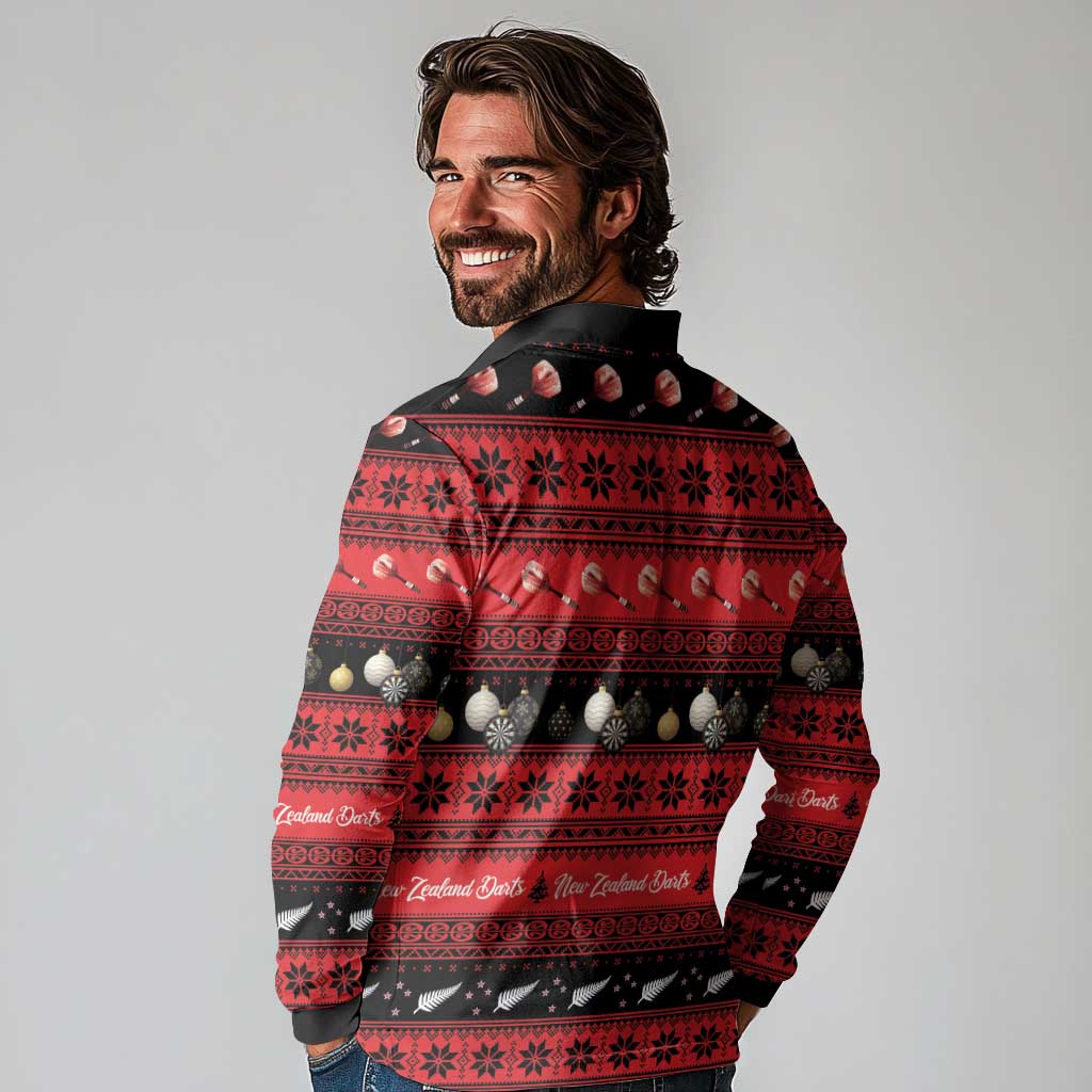 New Zealand Darts Christmas Long Sleeve Polo Shirt Merry Xmas Aotearoa Maori Red LT14 - Polynesian Pride