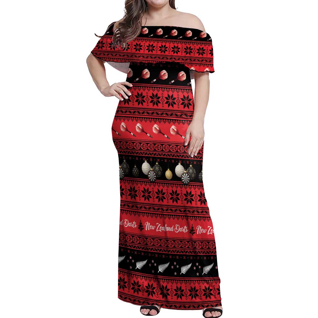 New Zealand Darts Christmas Off Shoulder Maxi Dress Merry Xmas Aotearoa Maori Red LT14 Women Red - Polynesian Pride