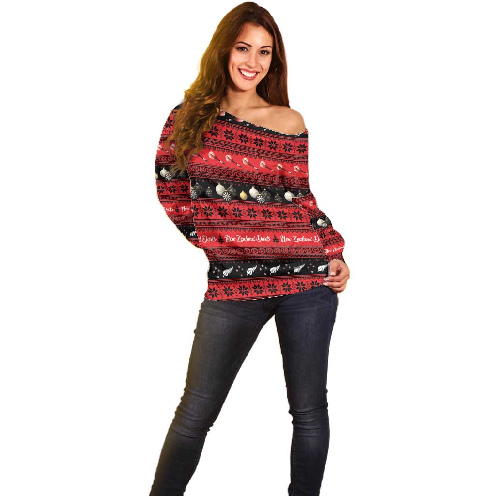 New Zealand Darts Christmas Off Shoulder Sweater Merry Xmas Aotearoa Maori Red LT14 - Polynesian Pride
