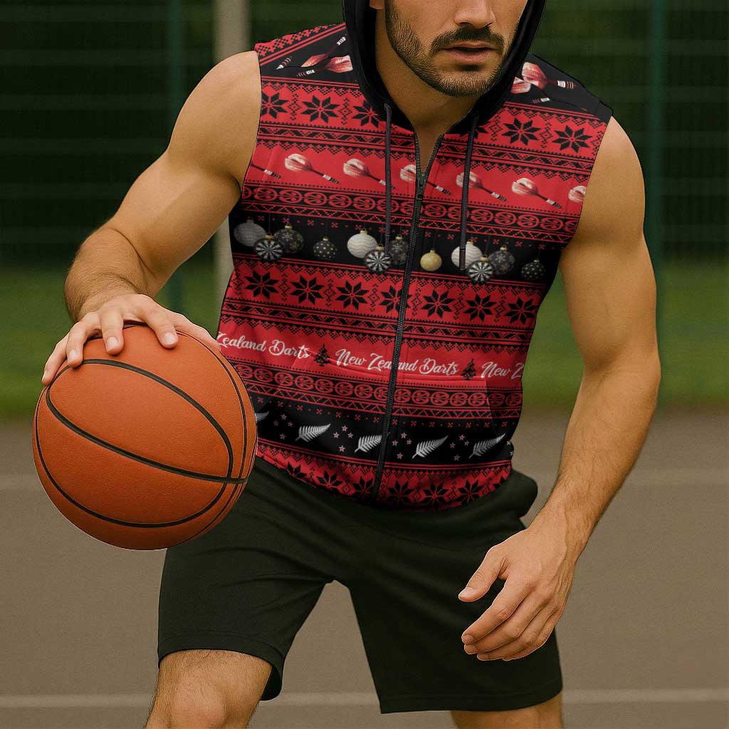 New Zealand Darts Christmas Sleeveless Zip Hoodie Merry Xmas Aotearoa Maori Red LT14 - Polynesian Pride
