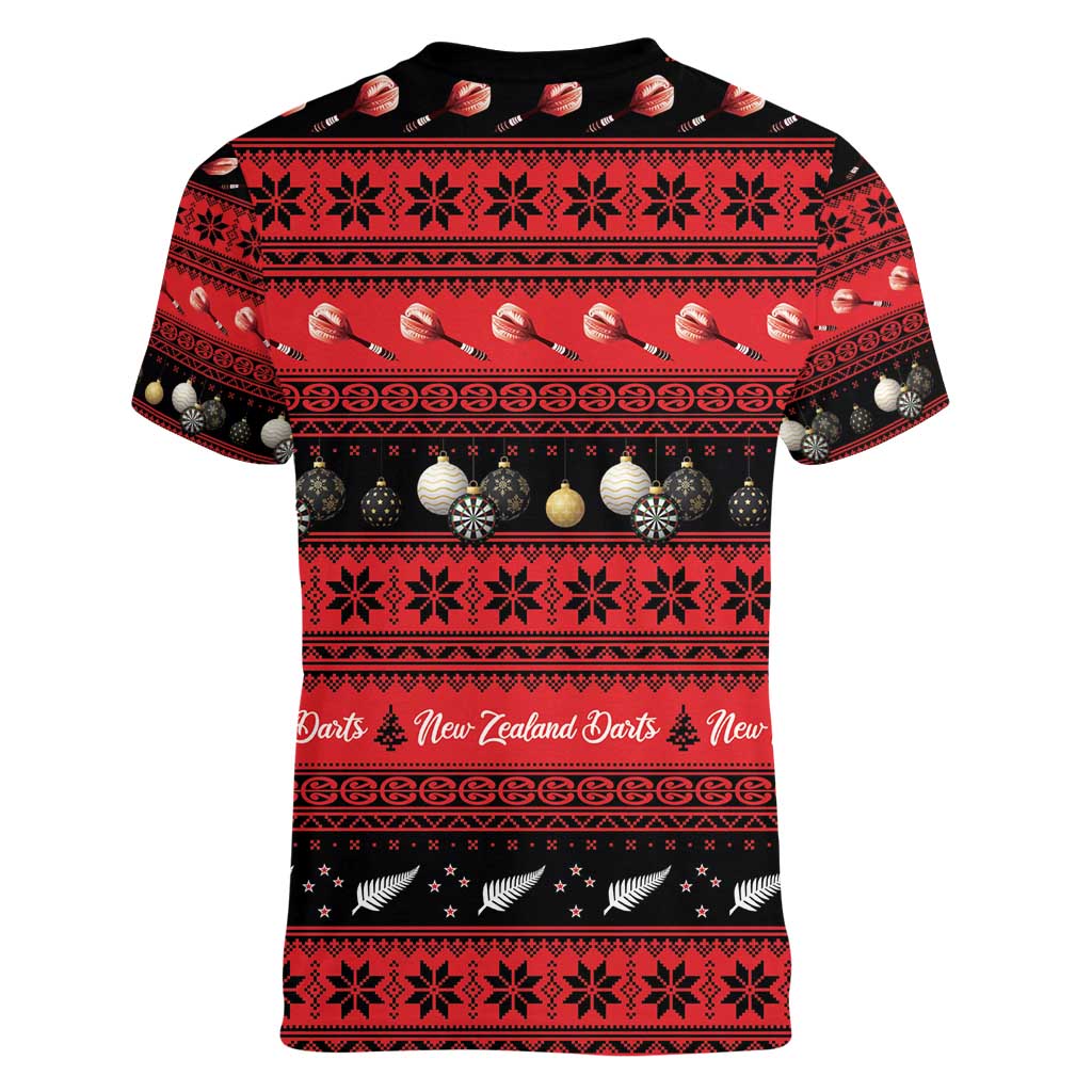 New Zealand Darts Christmas Women V-Neck T-Shirt Merry Xmas Aotearoa Maori Red LT14 - Polynesian Pride