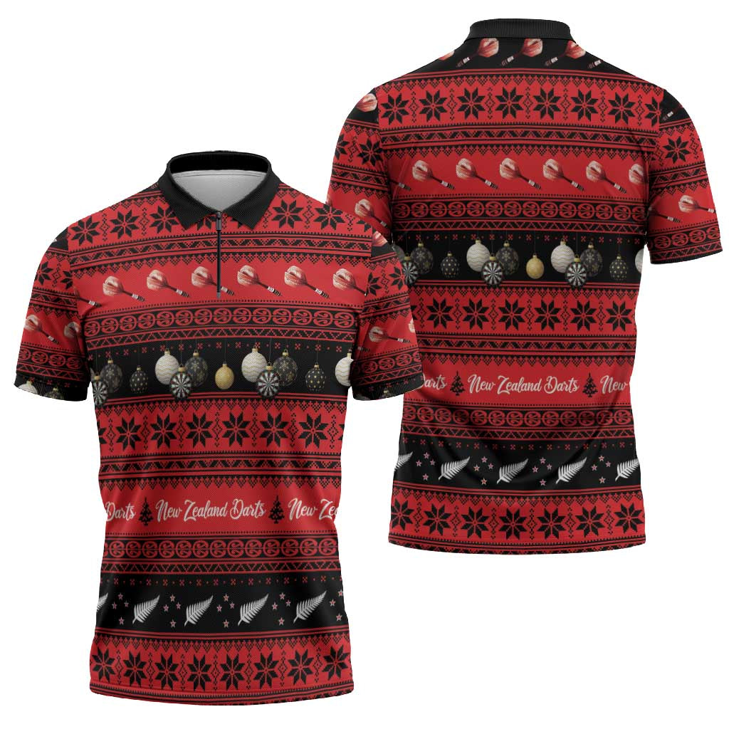 New Zealand Darts Christmas Zipper Polo Shirt Merry Xmas Aotearoa Maori Red LT14 - Polynesian Pride