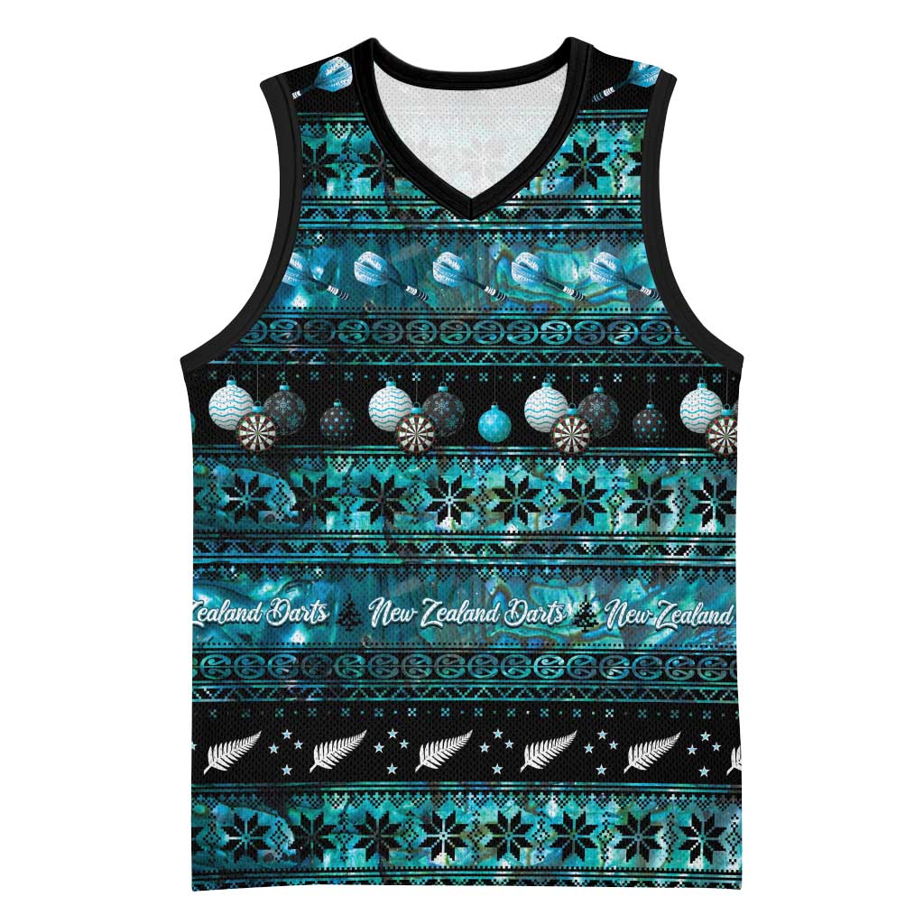 New Zealand Darts Christmas Basketball Jersey Merry Xmas Aotearoa Maori Paua Shell LT14 Unisex Cyan - Polynesian Pride