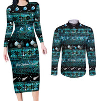 New Zealand Darts Christmas Couples Matching Long Sleeve Bodycon Dress and Long Sleeve Button Shirt Merry Xmas Aotearoa Maori Paua Shell LT14 Cyan - Polynesian Pride