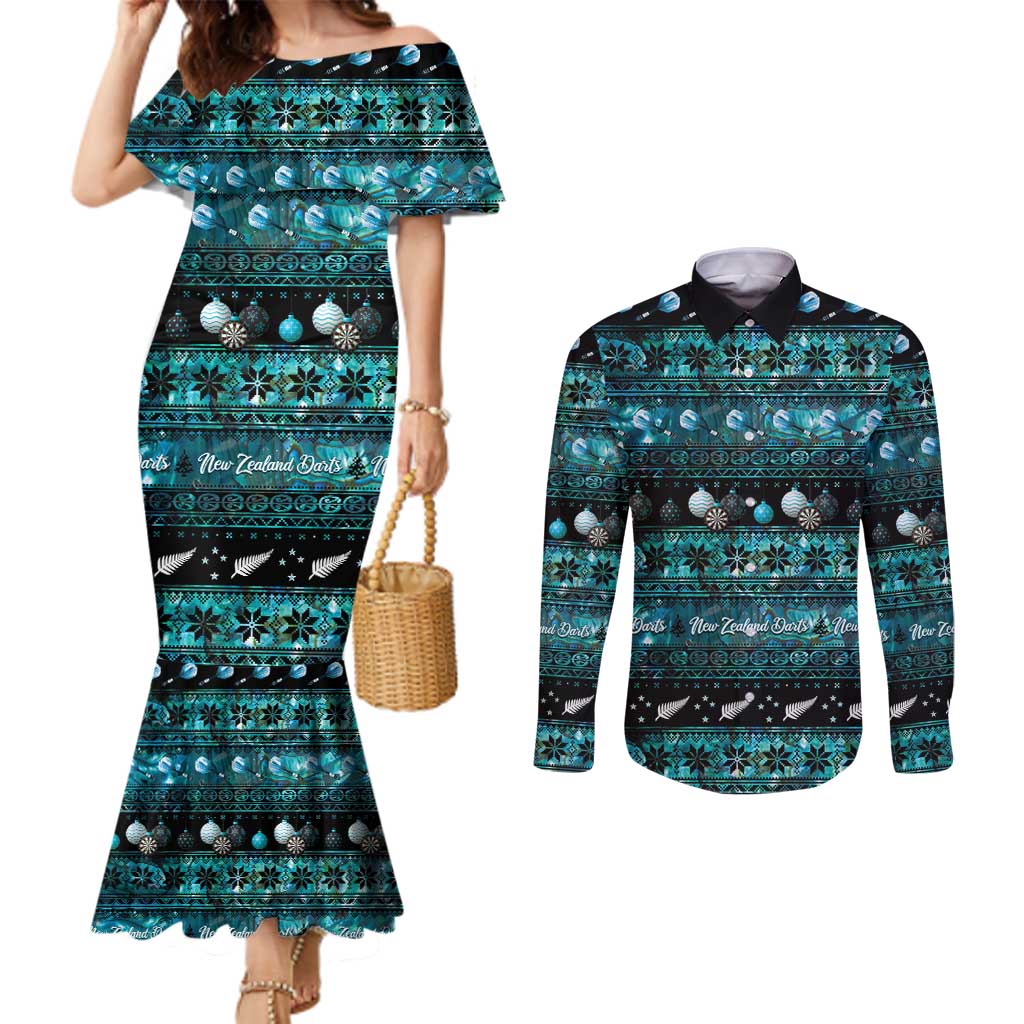 New Zealand Darts Christmas Couples Matching Mermaid Dress and Long Sleeve Button Shirt Merry Xmas Aotearoa Maori Paua Shell - Polynesian Pride