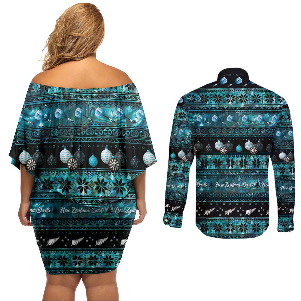 New Zealand Darts Christmas Couples Matching Off Shoulder Short Dress and Long Sleeve Button Shirt Merry Xmas Aotearoa Maori Paua Shell LT14 - Polynesian Pride