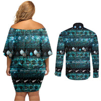 New Zealand Darts Christmas Couples Matching Off Shoulder Short Dress and Long Sleeve Button Shirt Merry Xmas Aotearoa Maori Paua Shell LT14 - Polynesian Pride