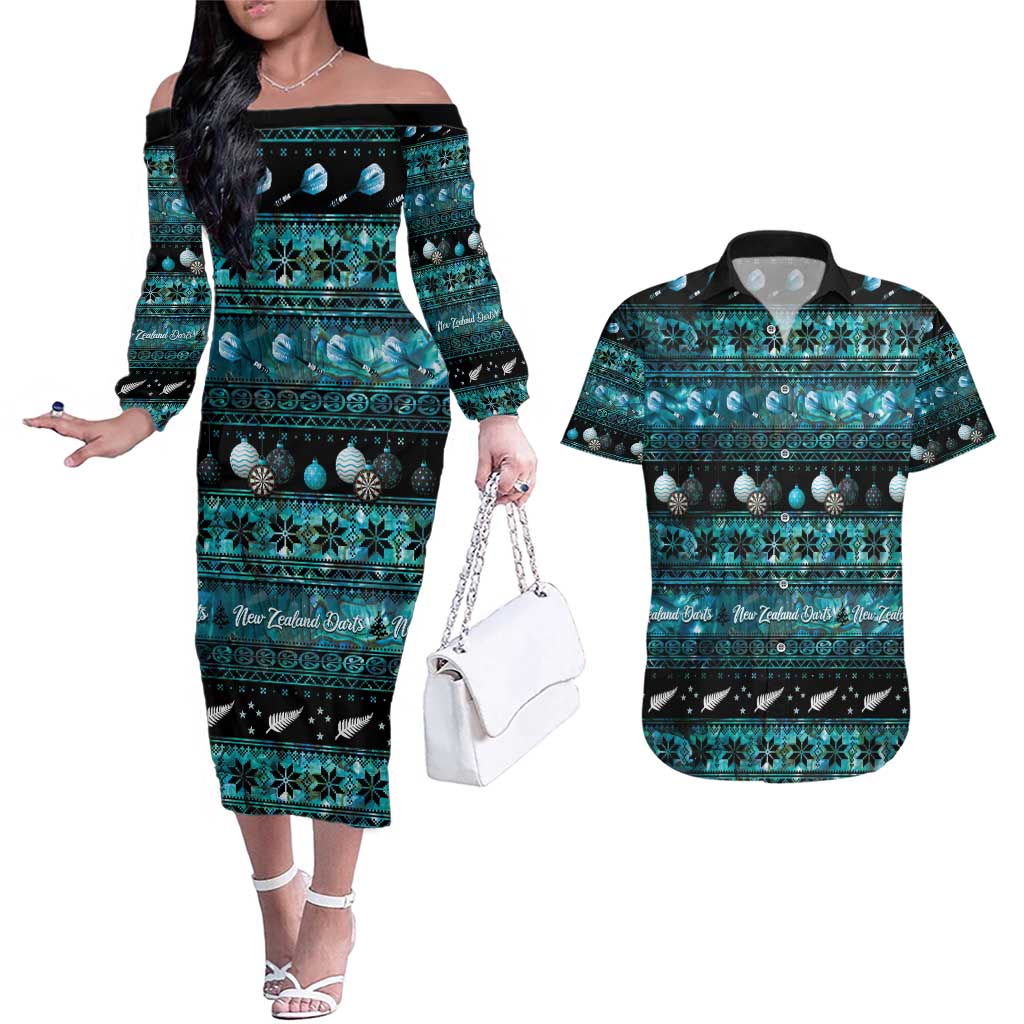 New Zealand Darts Christmas Couples Matching Off The Shoulder Long Sleeve Dress and Hawaiian Shirt Merry Xmas Aotearoa Maori Paua Shell LT14 Cyan - Polynesian Pride