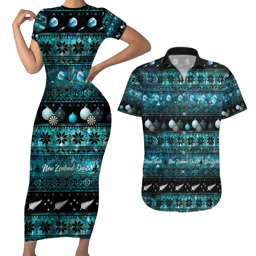 New Zealand Darts Christmas Couples Matching Short Sleeve Bodycon Dress and Hawaiian Shirt Merry Xmas Aotearoa Maori Paua Shell LT14 Cyan - Polynesian Pride