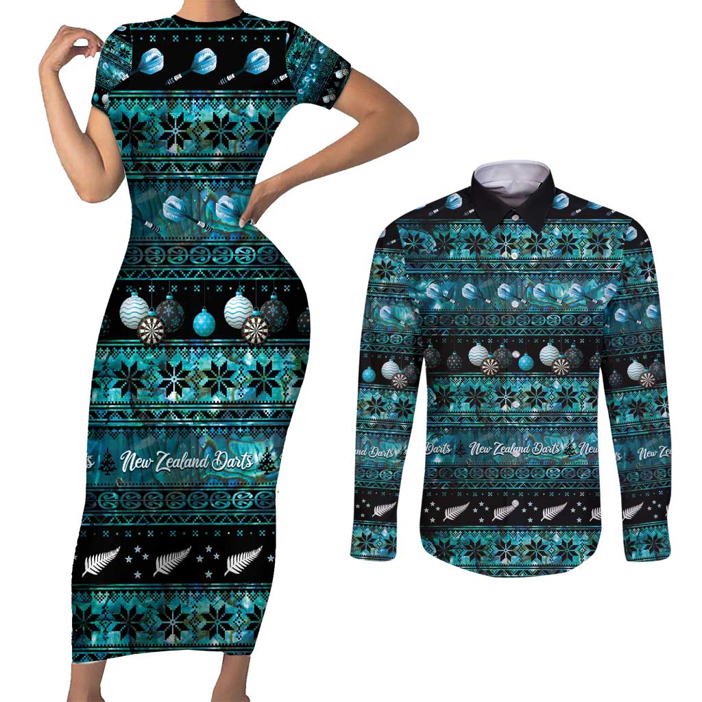 New Zealand Darts Christmas Couples Matching Short Sleeve Bodycon Dress and Long Sleeve Button Shirt Merry Xmas Aotearoa Maori Paua Shell LT14 Cyan - Polynesian Pride