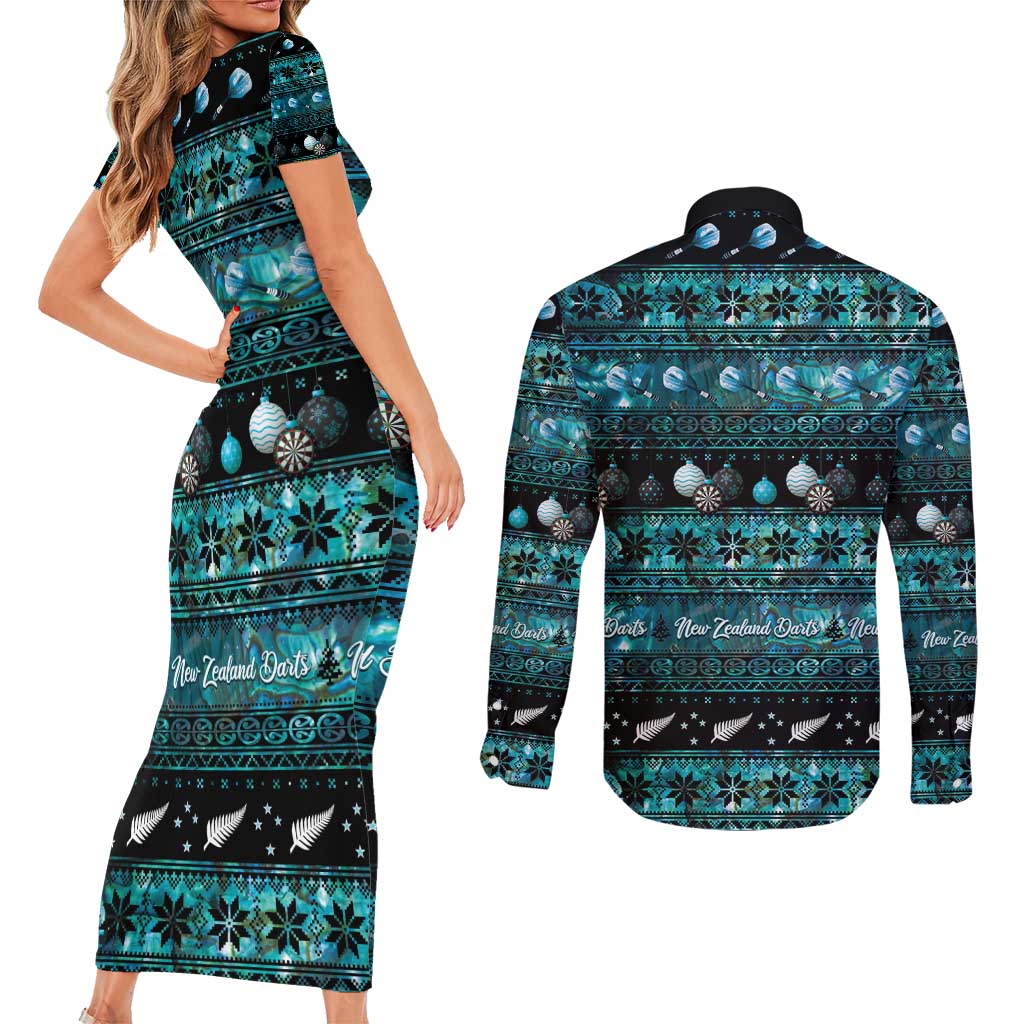 New Zealand Darts Christmas Couples Matching Short Sleeve Bodycon Dress and Long Sleeve Button Shirt Merry Xmas Aotearoa Maori Paua Shell LT14 - Polynesian Pride