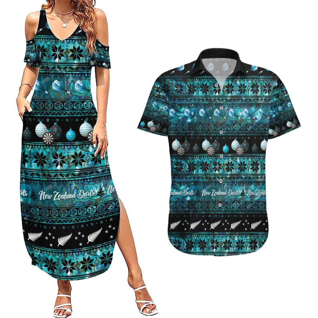 New Zealand Darts Christmas Couples Matching Summer Maxi Dress and Hawaiian Shirt Merry Xmas Aotearoa Maori Paua Shell - Polynesian Pride