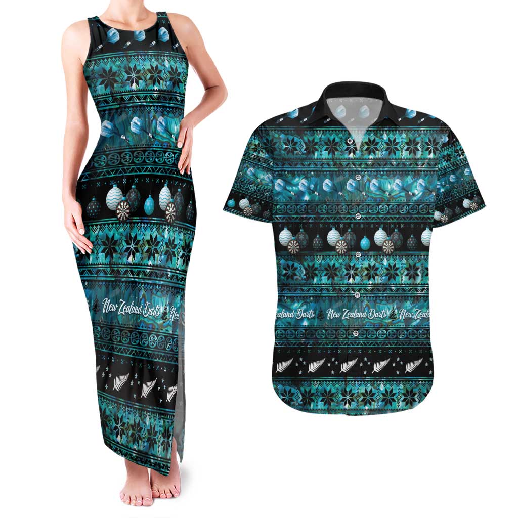 New Zealand Darts Christmas Couples Matching Tank Maxi Dress and Hawaiian Shirt Merry Xmas Aotearoa Maori Paua Shell LT14 Cyan - Polynesian Pride