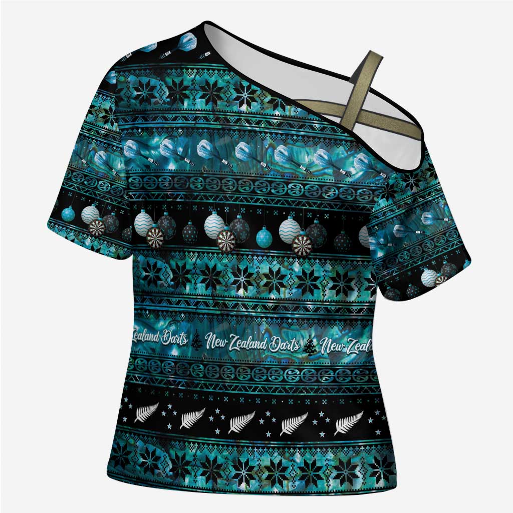 New Zealand Darts Christmas Cross Shoulder Shirt Merry Xmas Aotearoa Maori Paua Shell - Polynesian Pride