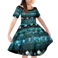 New Zealand Darts Christmas Family Matching Off Shoulder Short Dress and Hawaiian Shirt Merry Xmas Aotearoa Maori Paua Shell LT14 Daughter's Dress Cyan - Polynesian Pride