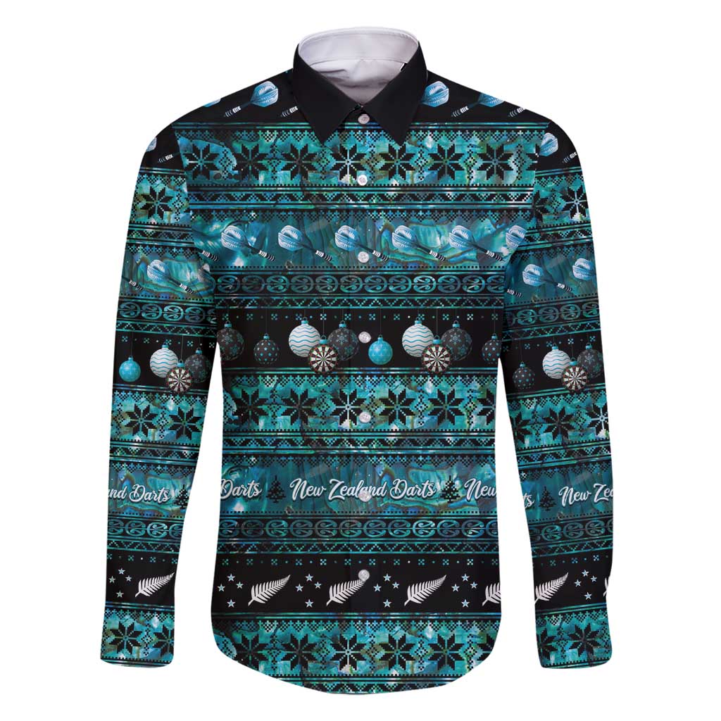 New Zealand Darts Christmas Family Matching Off Shoulder Short Dress and Hawaiian Shirt Merry Xmas Aotearoa Maori Paua Shell LT14 Dad's Shirt - Long Sleeve Cyan - Polynesian Pride