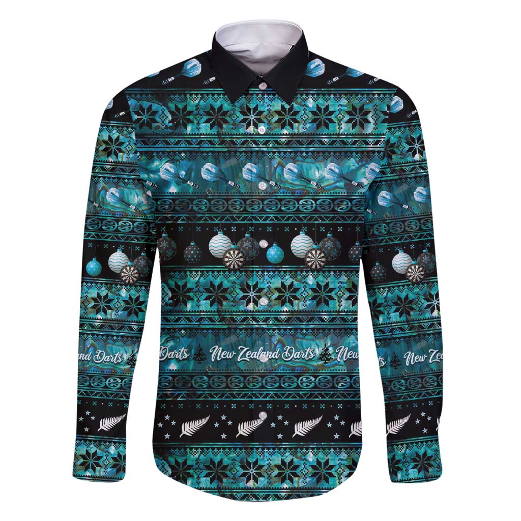 New Zealand Darts Christmas Family Matching Short Sleeve Bodycon Dress and Hawaiian Shirt Merry Xmas Aotearoa Maori Paua Shell LT14 Dad's Shirt - Long Sleeve Cyan - Polynesian Pride