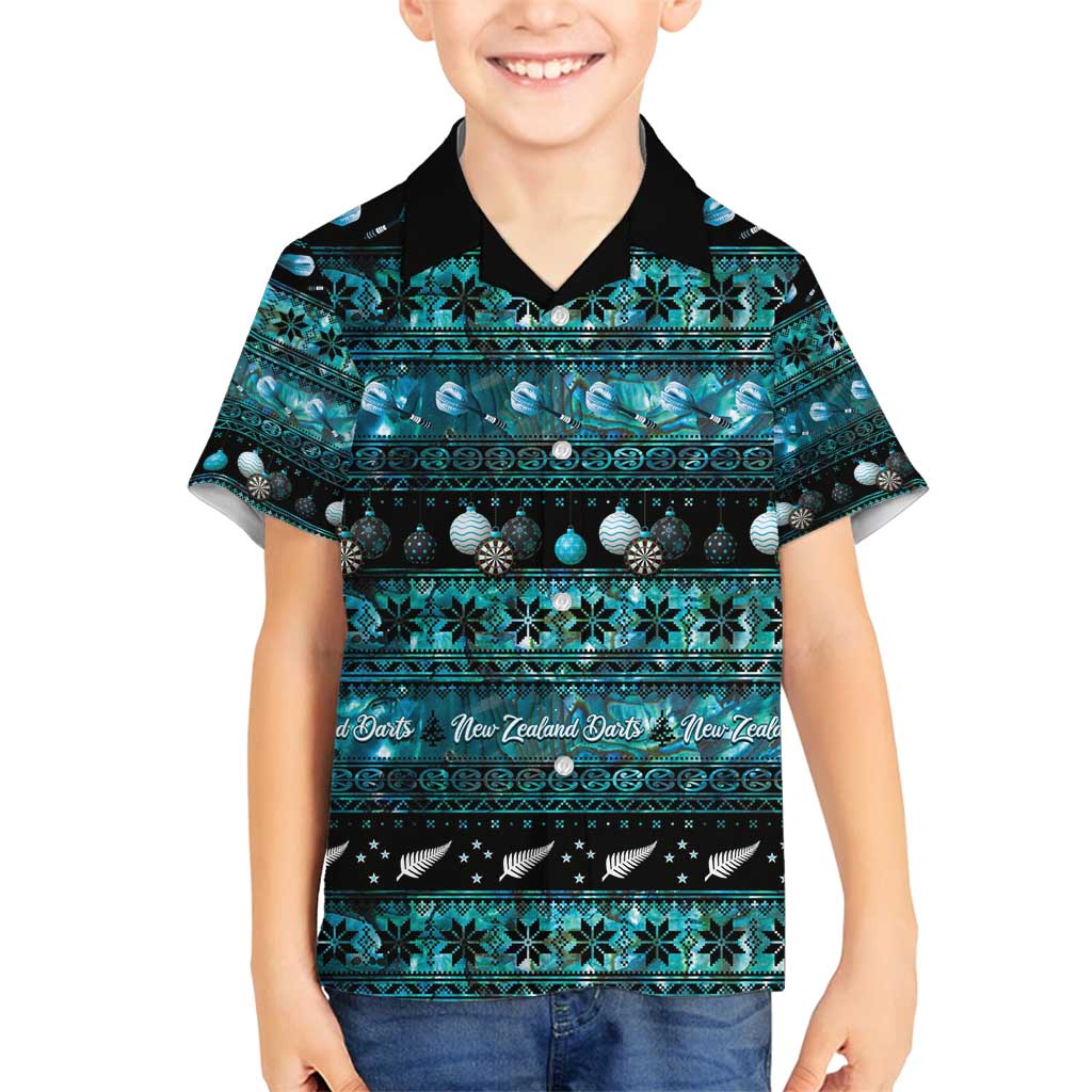 New Zealand Darts Christmas Family Matching Tank Maxi Dress and Hawaiian Shirt Merry Xmas Aotearoa Maori Paua Shell LT14 Son's Shirt Cyan - Polynesian Pride