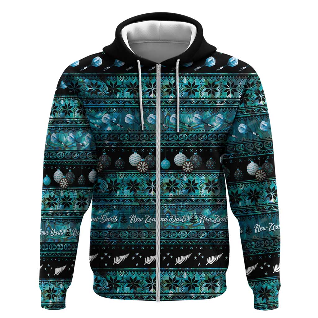 New Zealand Darts Christmas Hoodie Merry Xmas Aotearoa Maori Paua Shell LT14 Zip Hoodie Cyan - Polynesian Pride