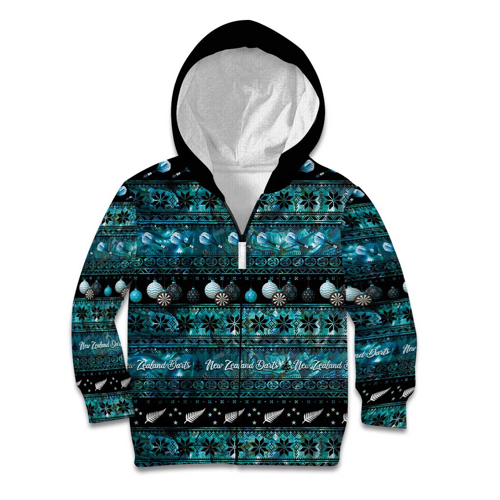 New Zealand Darts Christmas Kid Hoodie Merry Xmas Aotearoa Maori Paua Shell LT14 Zip Hoodie Cyan - Polynesian Pride