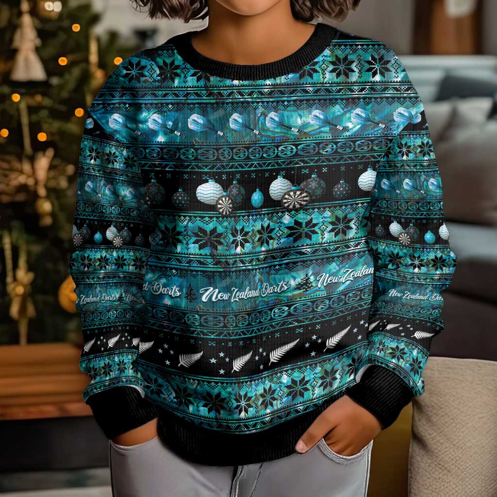 New Zealand Darts Christmas Kid Ugly Christmas Sweater Merry Xmas Aotearoa Maori Paua Shell LT14 - Polynesian Pride