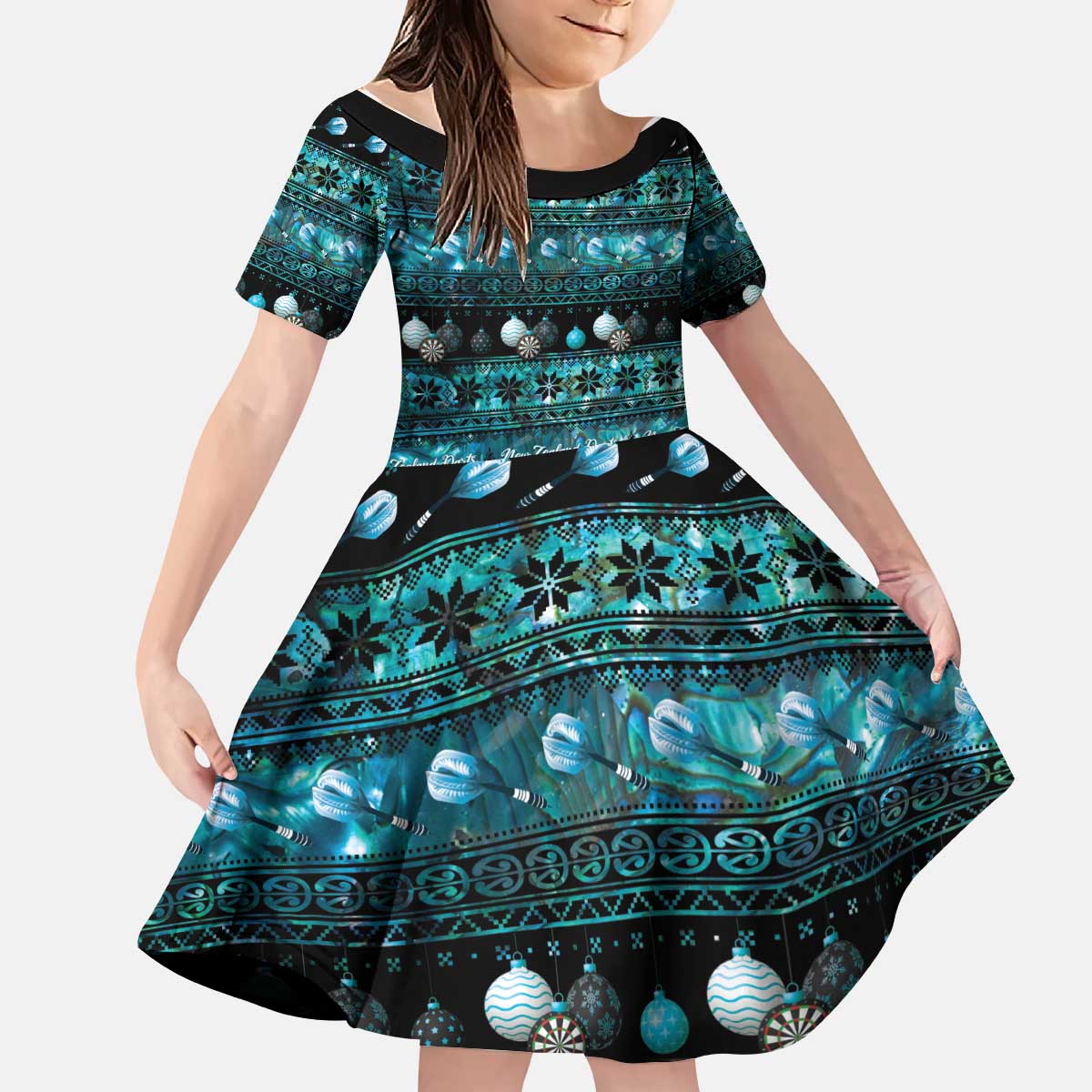 New Zealand Darts Christmas Kid Short Sleeve Dress Merry Xmas Aotearoa Maori Paua Shell LT14 KID Cyan - Polynesian Pride