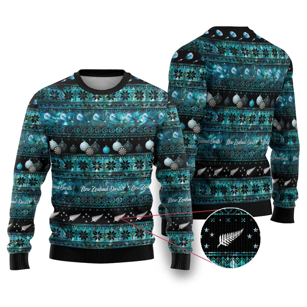 New Zealand Darts Christmas Ugly Christmas Sweater Merry Xmas Aotearoa Maori Paua Shell LT14 Cyan - Polynesian Pride