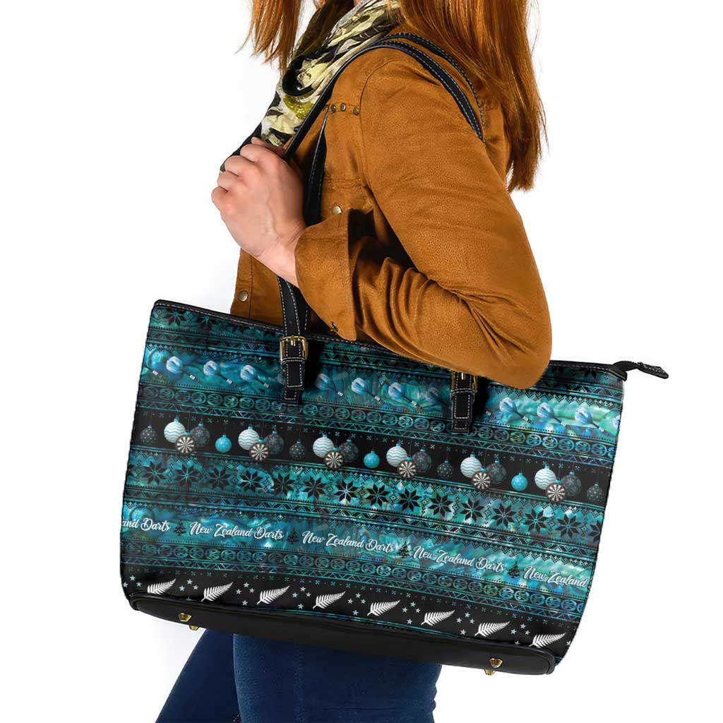 New Zealand Darts Christmas Leather Tote Bag Merry Xmas Aotearoa Maori Paua Shell LT14 Cyan - Polynesian Pride