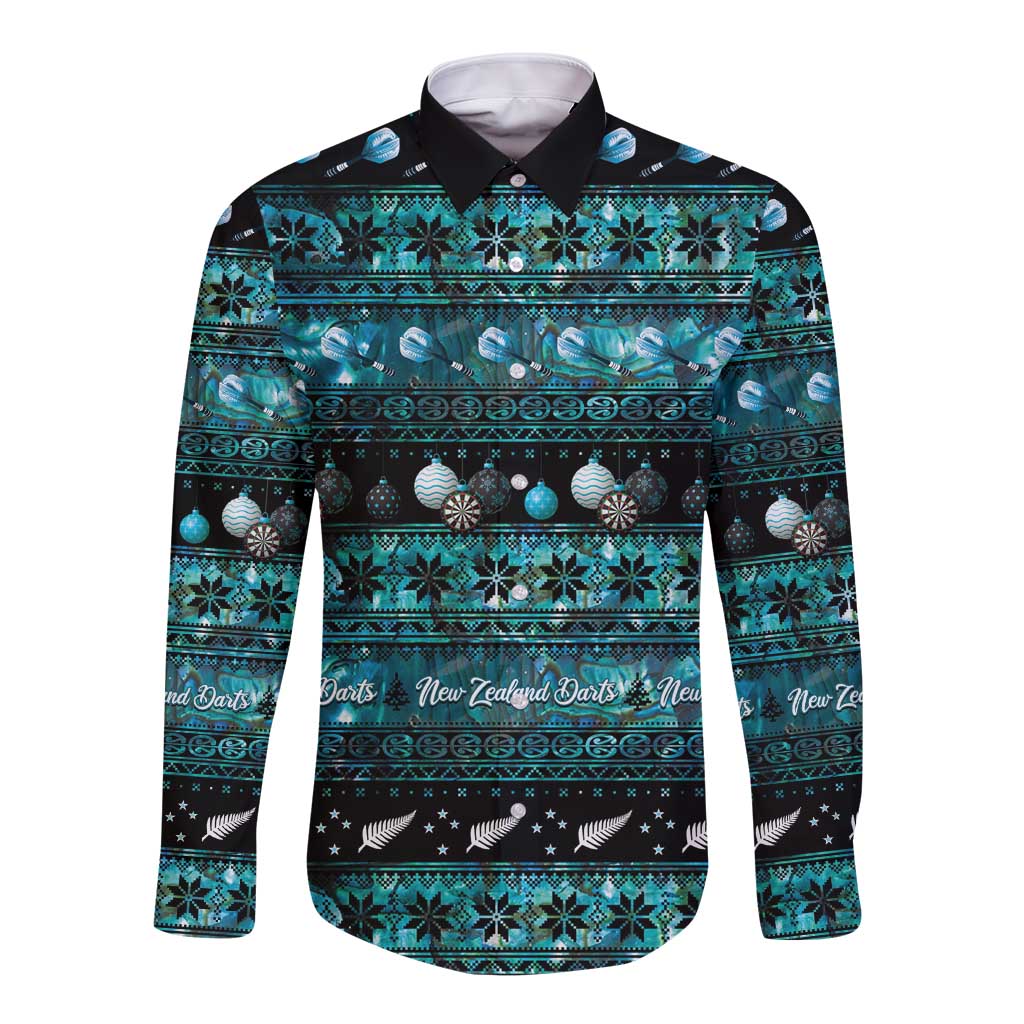 New Zealand Darts Christmas Long Sleeve Button Shirt Merry Xmas Aotearoa Maori Paua Shell LT14 Unisex Cyan - Polynesian Pride