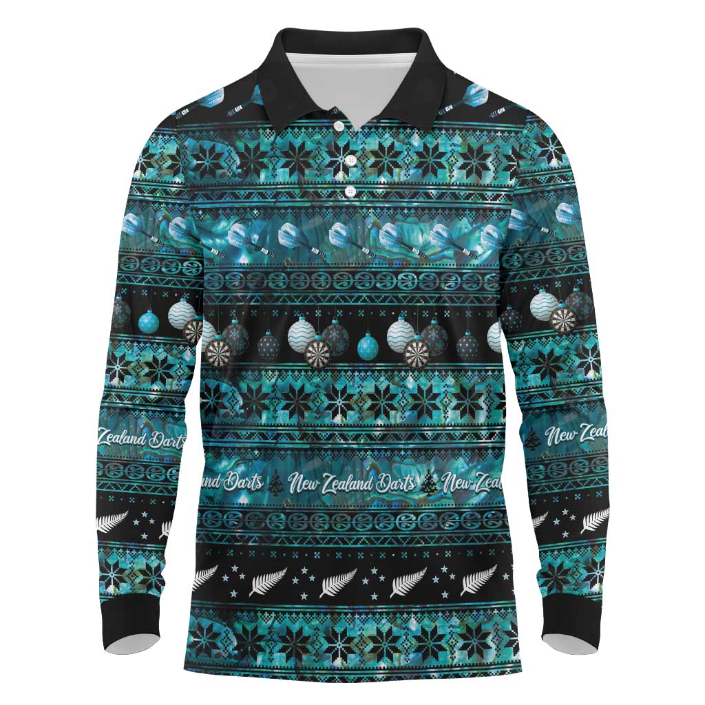 New Zealand Darts Christmas Long Sleeve Polo Shirt Merry Xmas Aotearoa Maori Paua Shell LT14 Cyan - Polynesian Pride