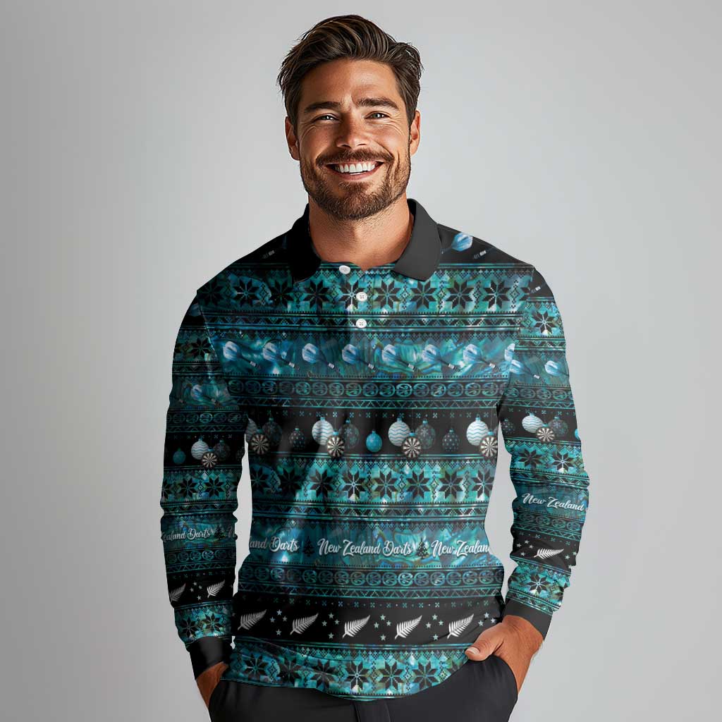 New Zealand Darts Christmas Long Sleeve Polo Shirt Merry Xmas Aotearoa Maori Paua Shell LT14 - Polynesian Pride