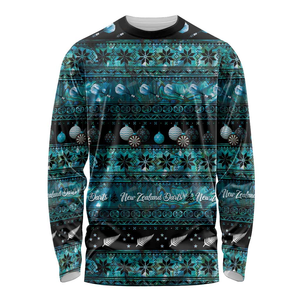 New Zealand Darts Christmas Long Sleeve Shirt Merry Xmas Aotearoa Maori Paua Shell LT14 Unisex Cyan - Polynesian Pride