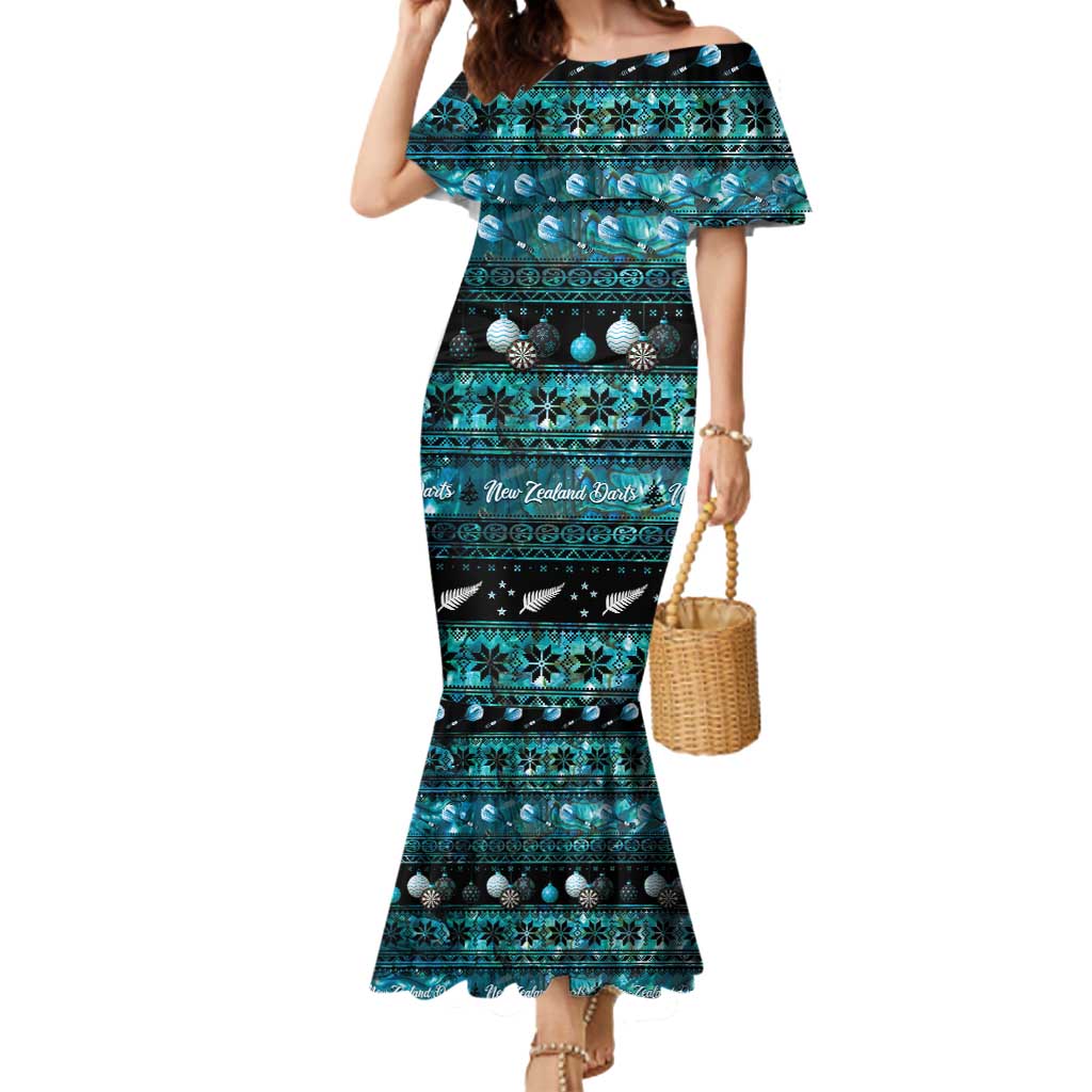 New Zealand Darts Christmas Mermaid Dress Merry Xmas Aotearoa Maori Paua Shell LT14 Women Cyan - Polynesian Pride