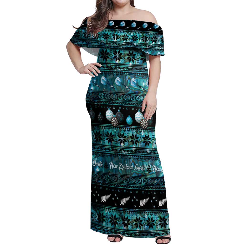 New Zealand Darts Christmas Off Shoulder Maxi Dress Merry Xmas Aotearoa Maori Paua Shell LT14 Women Cyan - Polynesian Pride