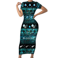 New Zealand Darts Christmas Short Sleeve Bodycon Dress Merry Xmas Aotearoa Maori Paua Shell LT14 Long Dress Cyan - Polynesian Pride