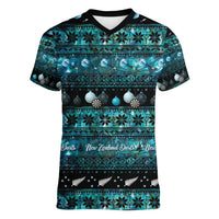 New Zealand Darts Christmas Women V-Neck T-Shirt Merry Xmas Aotearoa Maori Paua Shell LT14 Female Cyan - Polynesian Pride