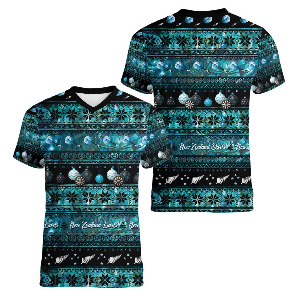 New Zealand Darts Christmas Women V-Neck T-Shirt Merry Xmas Aotearoa Maori Paua Shell LT14 - Polynesian Pride
