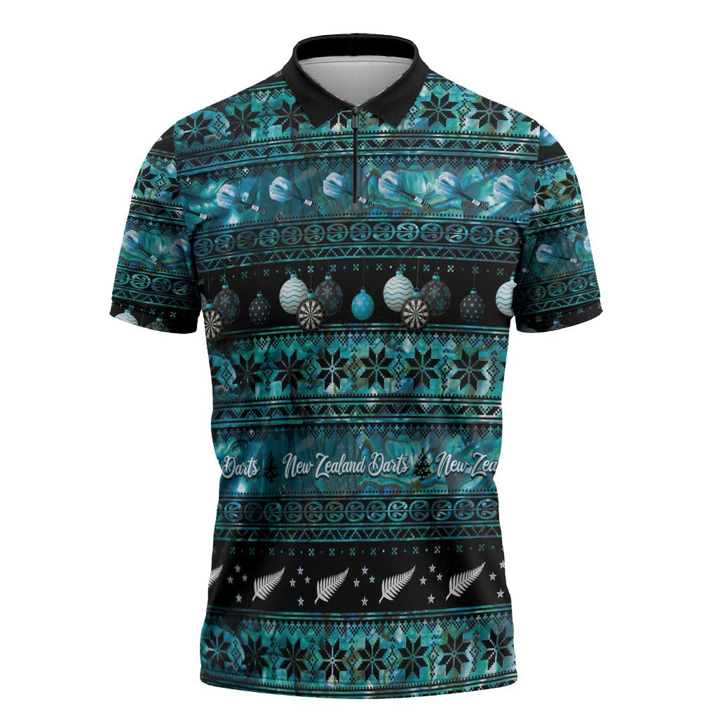 New Zealand Darts Christmas Zipper Polo Shirt Merry Xmas Aotearoa Maori Paua Shell LT14 Cyan - Polynesian Pride