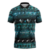 New Zealand Darts Christmas Zipper Polo Shirt Merry Xmas Aotearoa Maori Paua Shell LT14 Cyan - Polynesian Pride