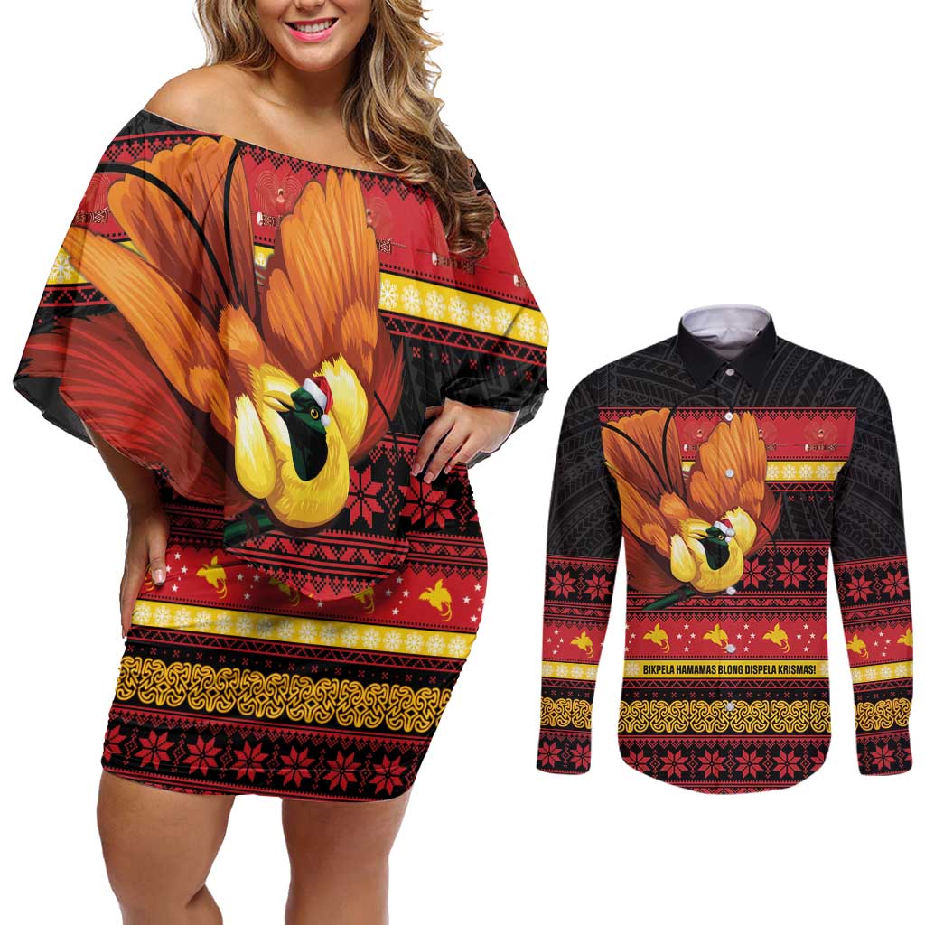 Papua New Guinea Christmas Couples Matching Off Shoulder Short Dress and Long Sleeve Button Shirt Bikpela hamamas blong dispela Krismas - Polynesian Pride