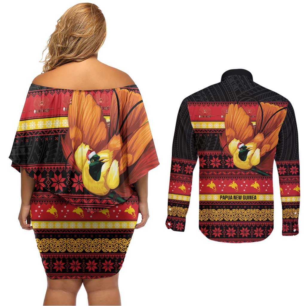 Papua New Guinea Christmas Couples Matching Off Shoulder Short Dress and Long Sleeve Button Shirt Bikpela hamamas blong dispela Krismas - Polynesian Pride
