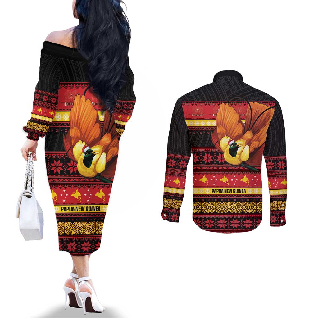 Papua New Guinea Christmas Couples Matching Off The Shoulder Long Sleeve Dress and Long Sleeve Button Shirt Bikpela hamamas blong dispela Krismas - Polynesian Pride