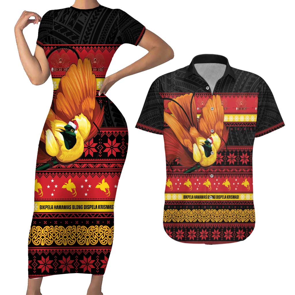 Papua New Guinea Christmas Couples Matching Short Sleeve Bodycon Dress and Hawaiian Shirt Bikpela hamamas blong dispela Krismas - Polynesian Pride